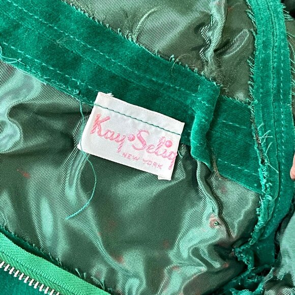 Vtg 1950s Kay Selig Emerald Green Velvet Evening Tea Length Dress Satin Bow Back - Picture 14 of 14
